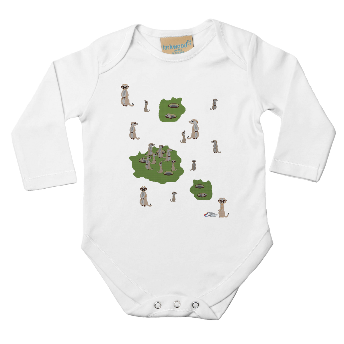 Weißer Langarm-Baby-Strampler mit Erdmännchen-Familie und grünen Flächen auf der Vorderseite.